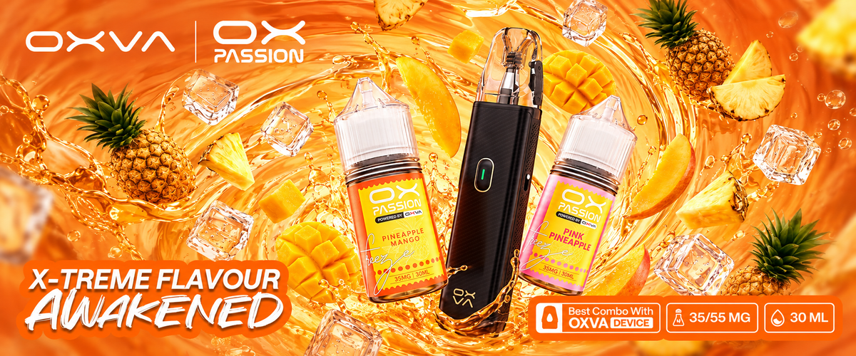 OX Passion Pineapple Mango and Pink Pineapple e-liquids with an OXVA pod device, mango, pineapple and ice imagery at Vape Seven Pakistan.